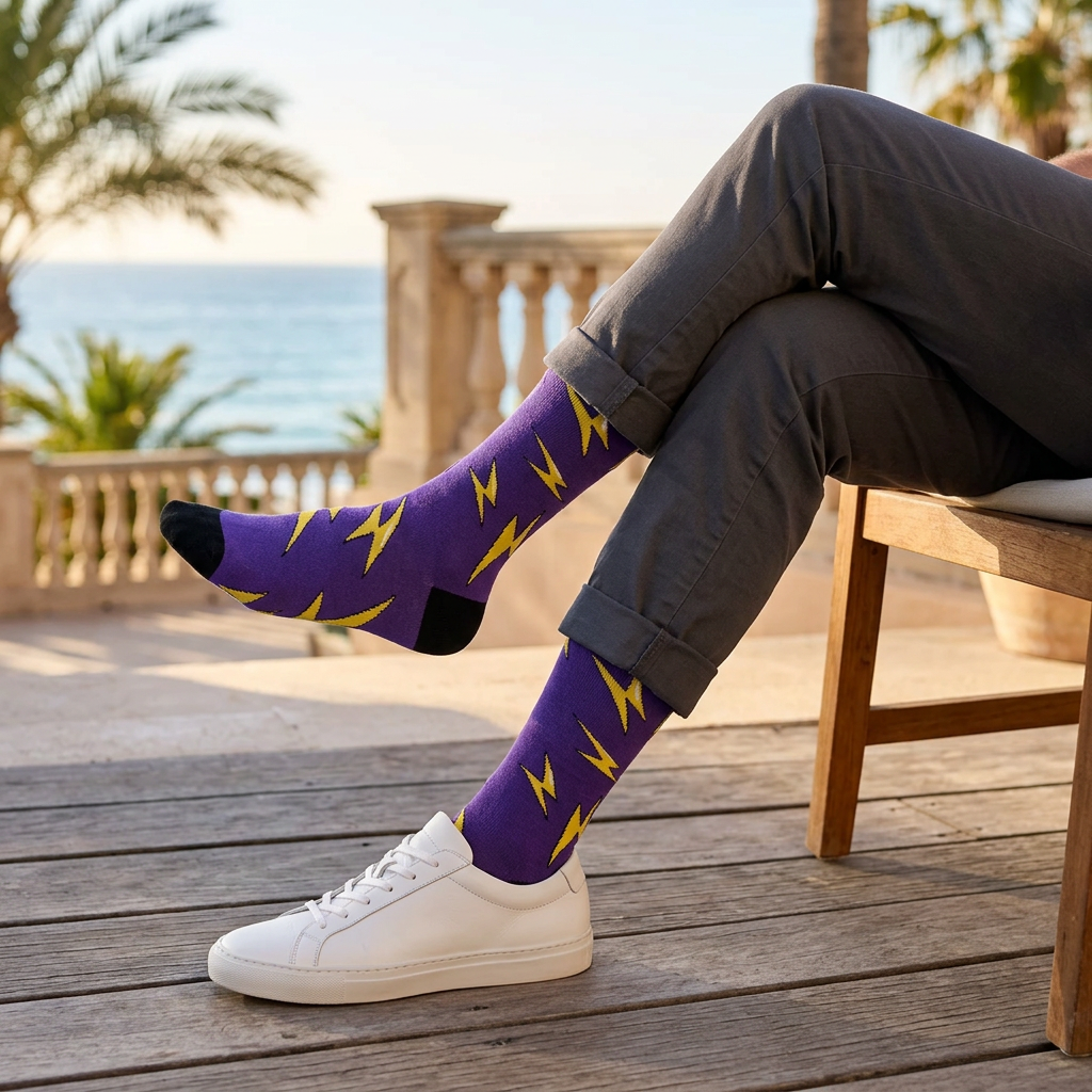Man wearing purple Boldsocks with yellow lightning bolts, rolled charcoal chinos and white sneakers on a coastal terrace.