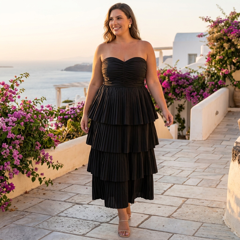 AI-generated lifestyle image of a woman wearing the black LIVD Eleni strapless pleated tiered dress on a seaside resort terrace.