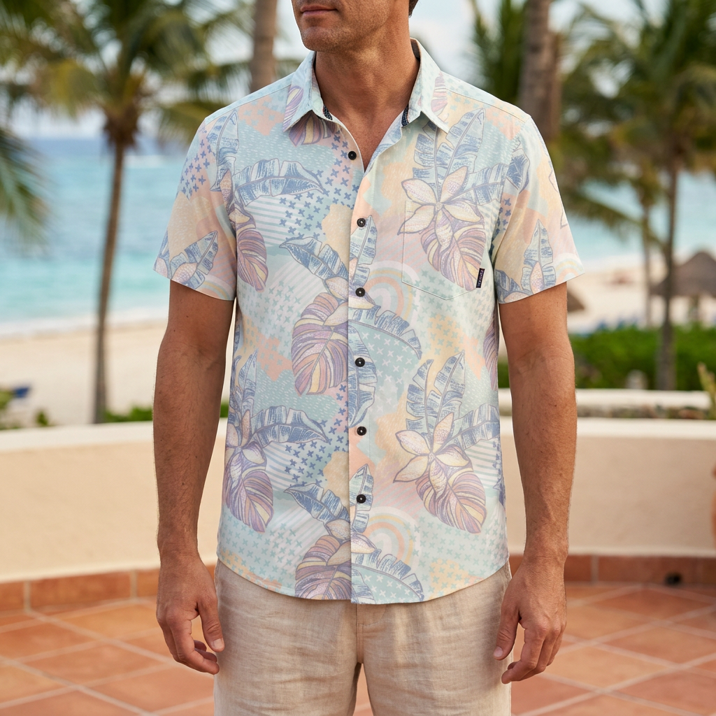 Man wearing the Baja Llama Vagabond Prince of Rain pastel tropical-print button-up shirt on a coastal resort terrace during vacation.