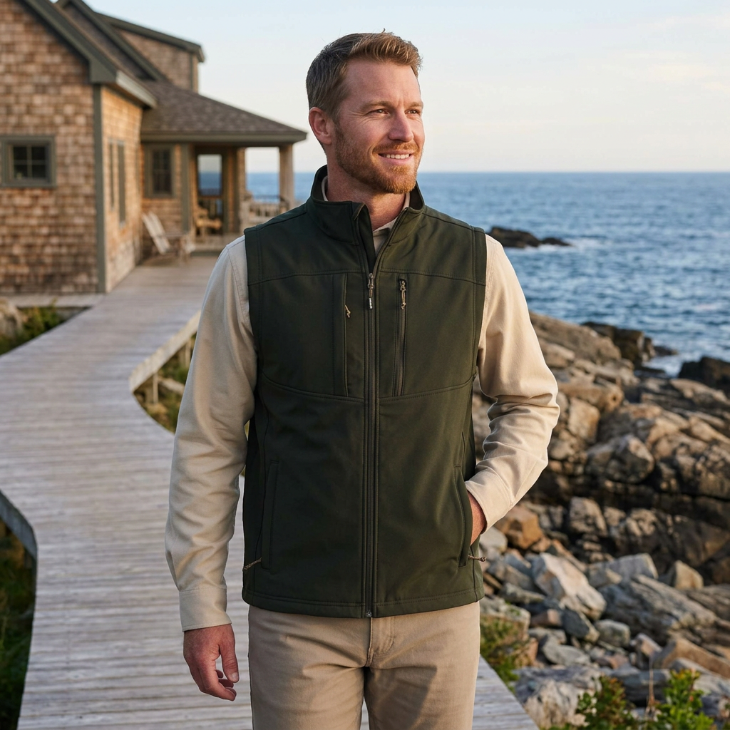 AI-generated vacation lifestyle image of a man wearing the GameGuard Juniper Guía Grande vest at a coastal lodge overlooking the ocean.