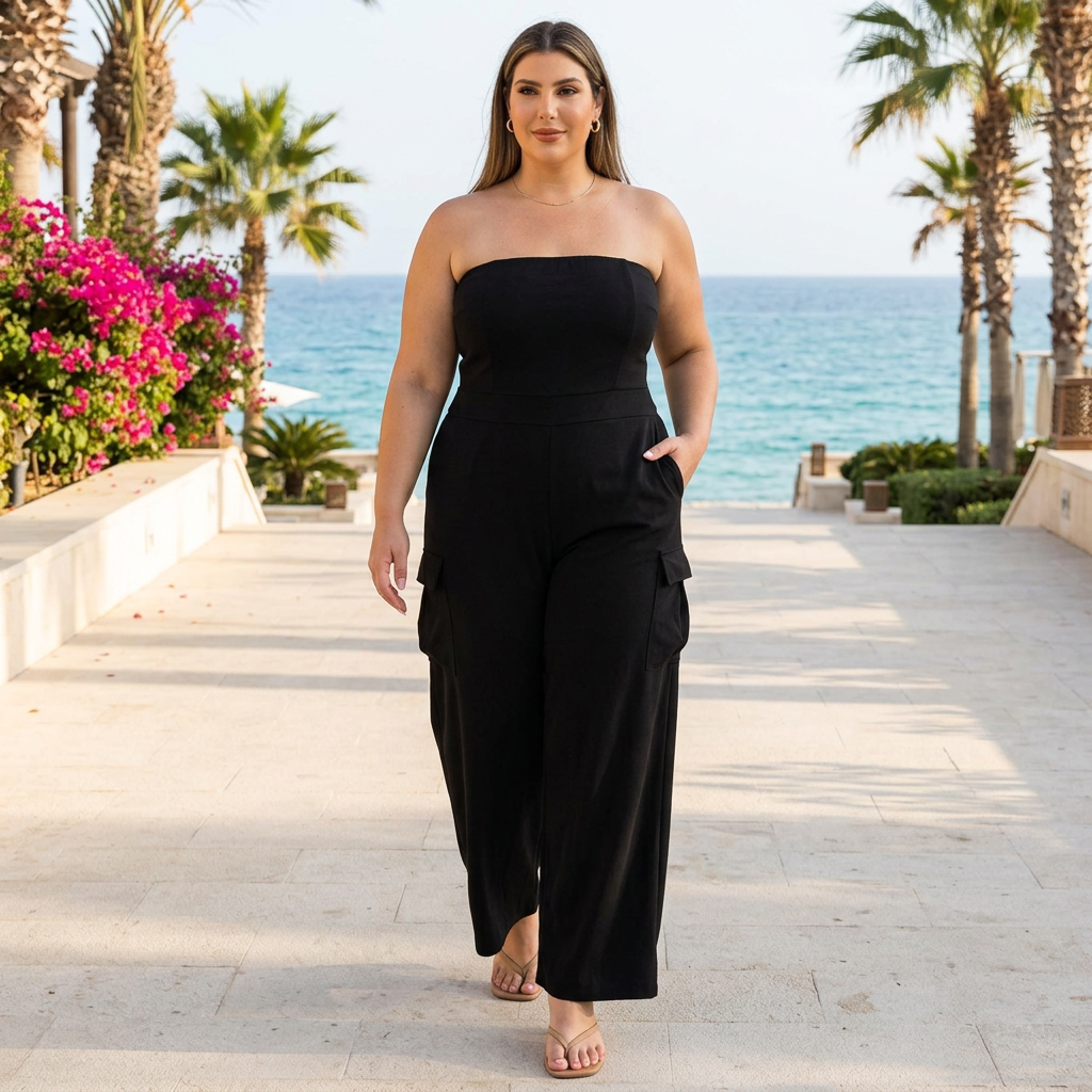 Woman wearing a black LIVD Yumi strapless cargo jumpsuit with wide legs on a coastal resort promenade.