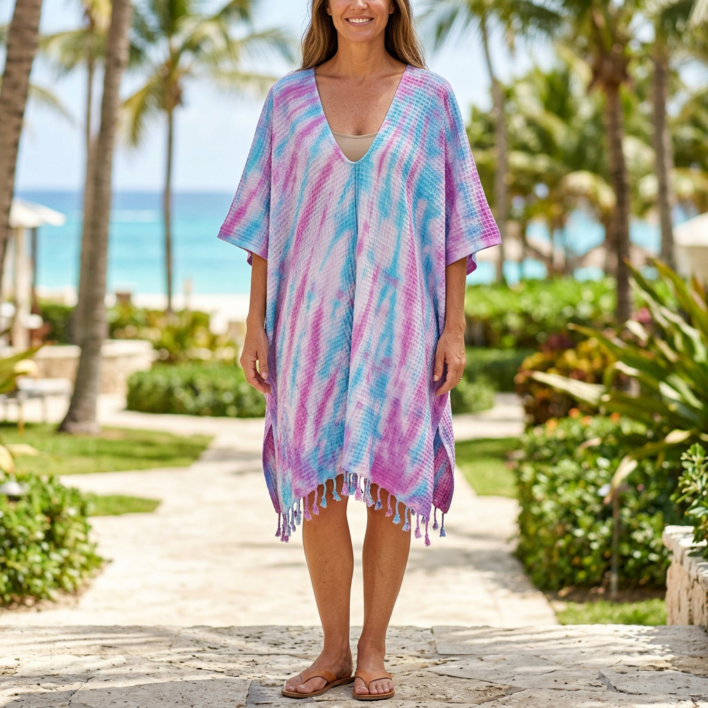 Woman wearing the EBRU Home Blue/Pink textured cotton cover-up towel with fringed hem at a tropical beach resort.