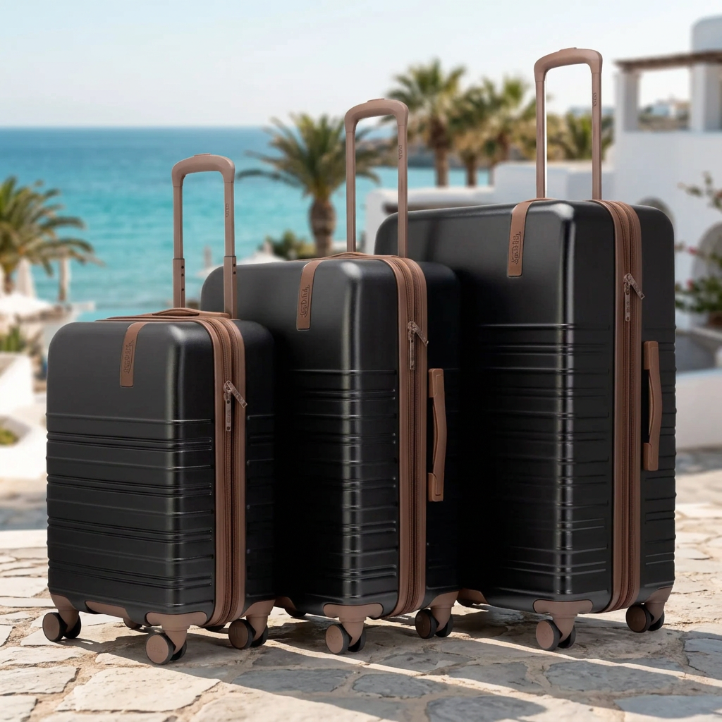 AI-generated vacation lifestyle image of the three-piece black Von Dutch Retro Trek luggage set with brown trim at a seaside resort.