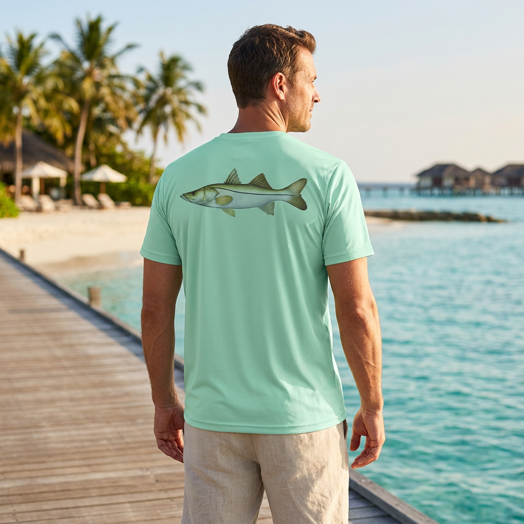 Rear three-quarter view of a man wearing the seafoam Saltwater Born USA Snook short-sleeve shirt with a snook fish graphic across the upper back on a tropical waterfront boardwalk.