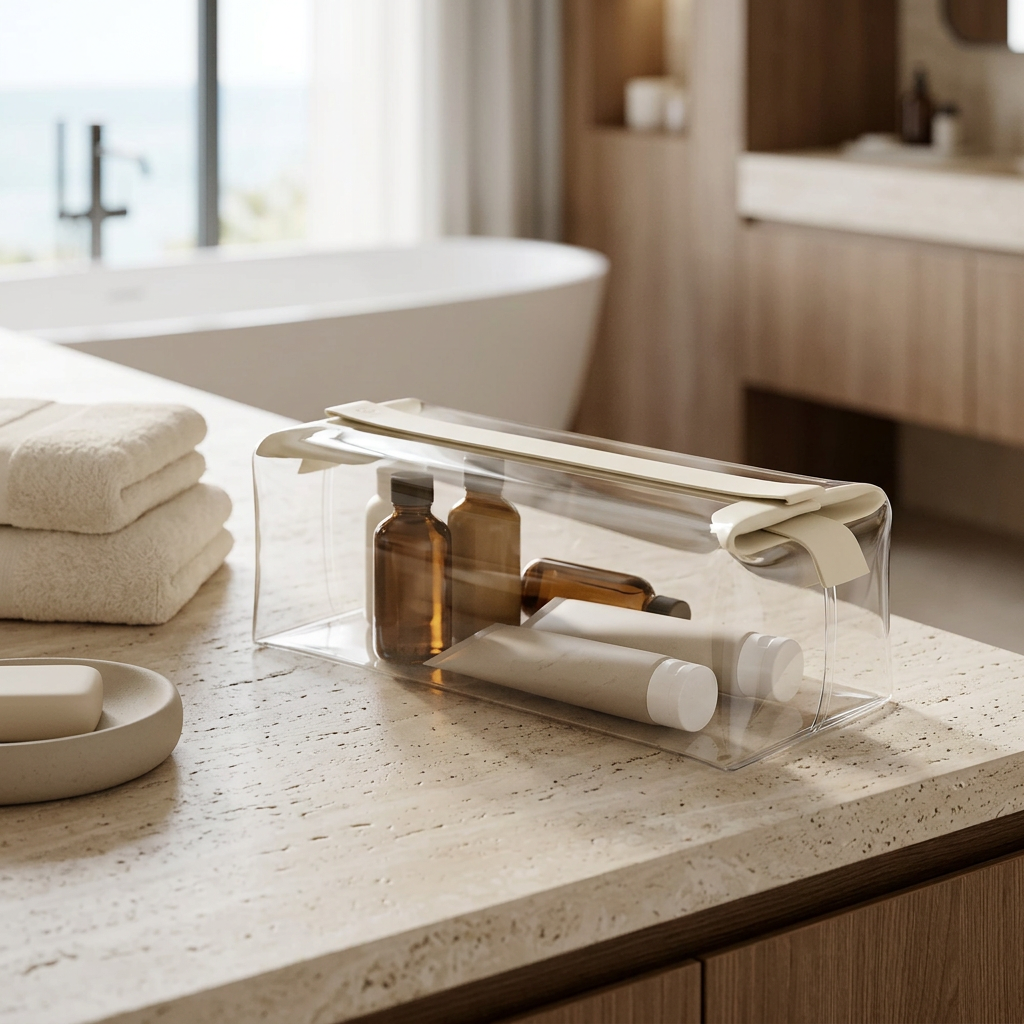 AI-generated lifestyle image of the clear Cadence Extra Large Parcel with cream closure on a travertine vanity in a coastal resort bathroom.
