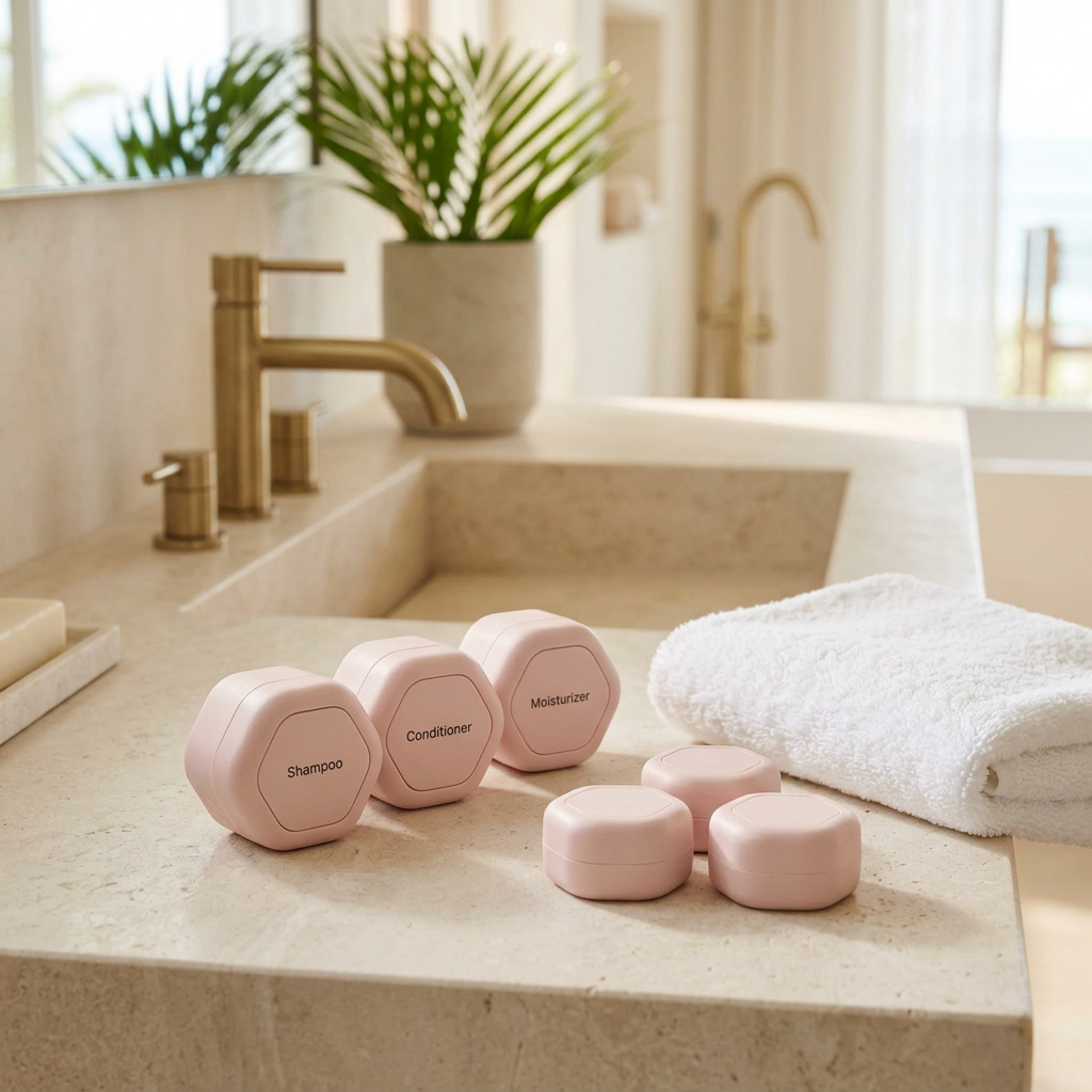 AI-generated lifestyle image of blush pink Cadence Starter Set travel capsules on a stone vanity in a resort bathroom.