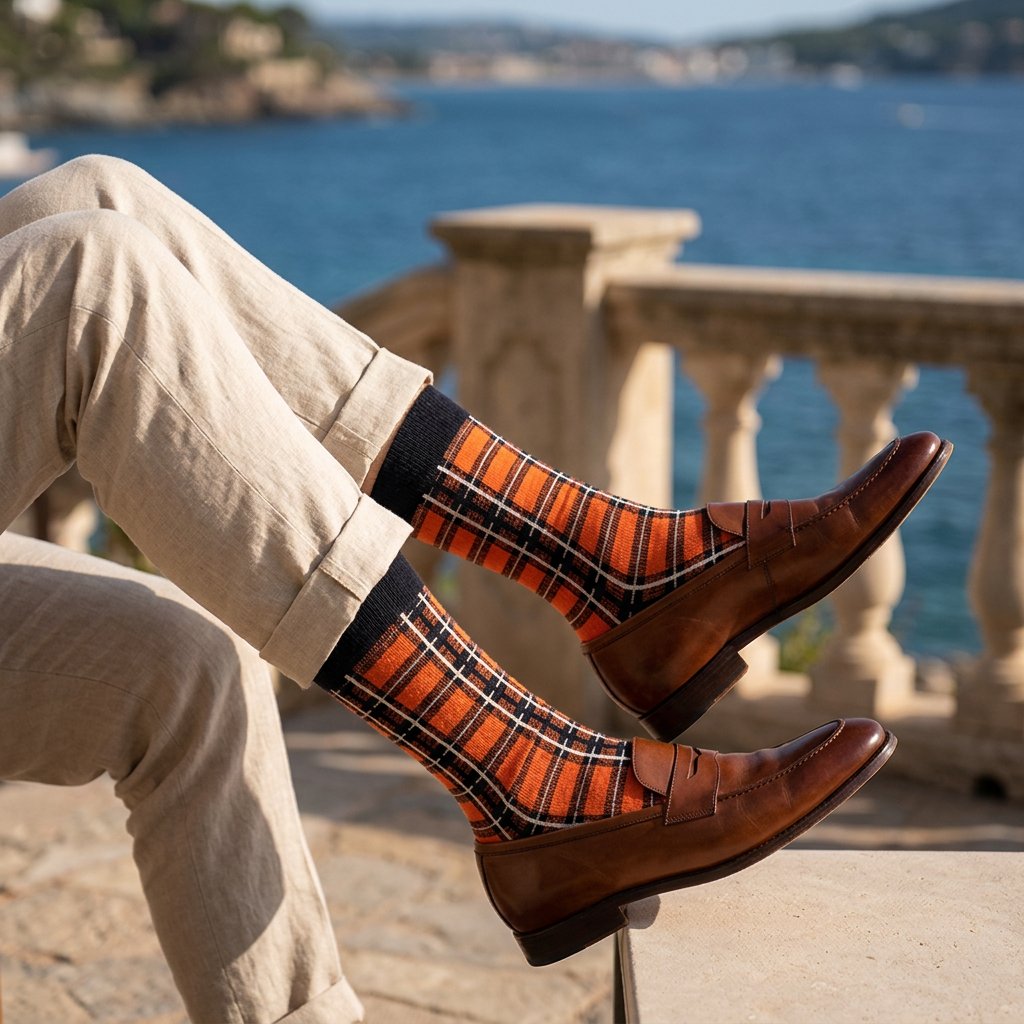 Man wearing Boldsocks burnt orange navy plaid bamboo socks with beige chinos and brown loafers on a coastal terrace