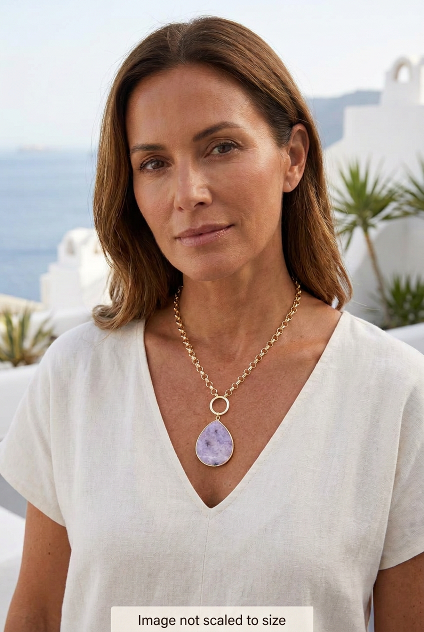 Woman wearing the Barse purple amethyst teardrop gold-tone chain necklace; image not scaled to size.