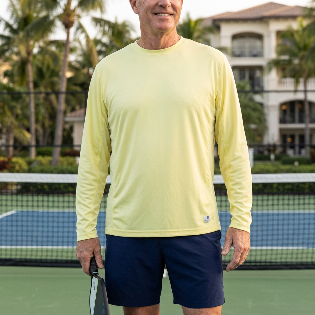 AI-generated lifestyle image of a man wearing the Pickleball Bella Elfin Yellow long sleeve tee at a tropical resort pickleball court.