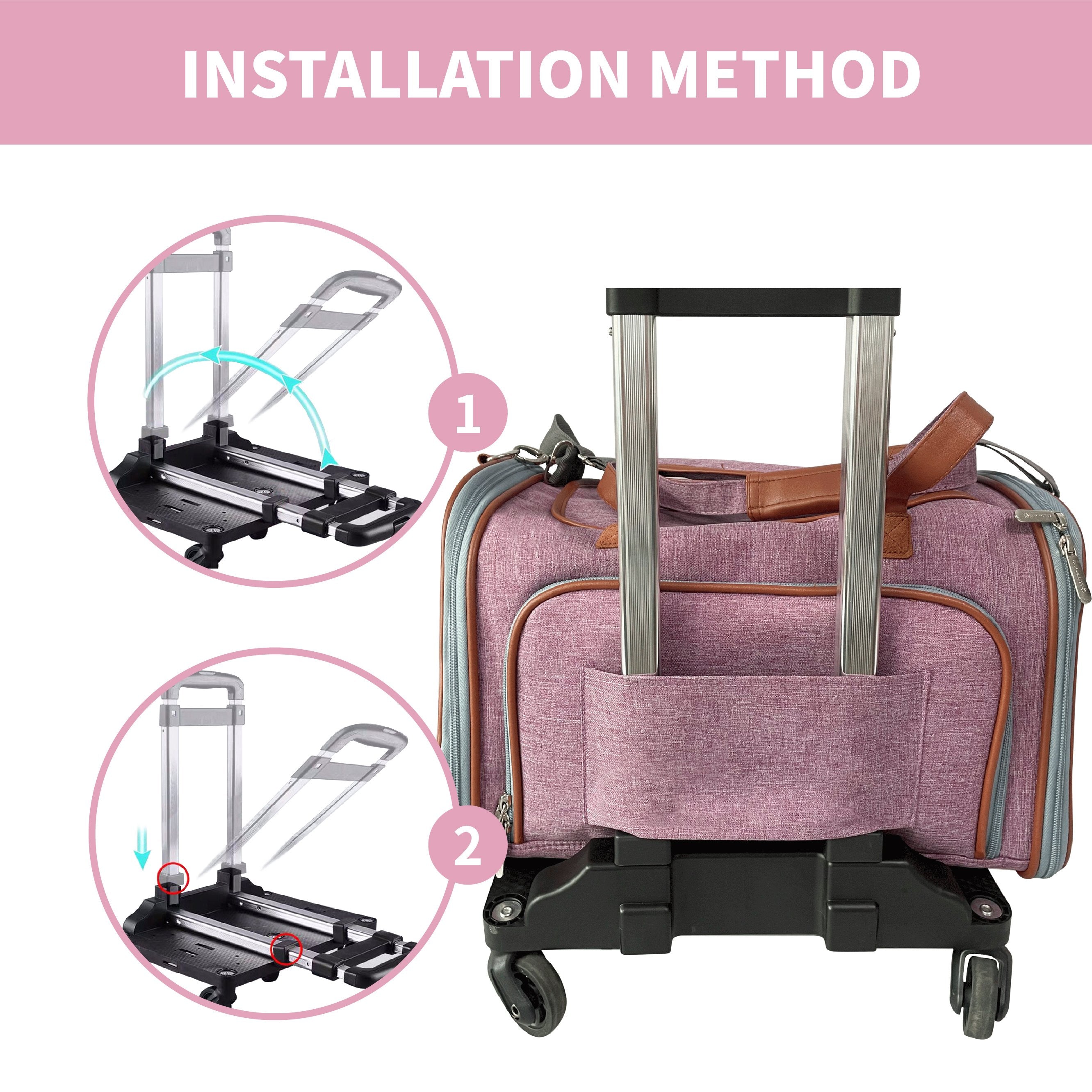Luggage with a dolly attachment and installation method instructions on a pink background