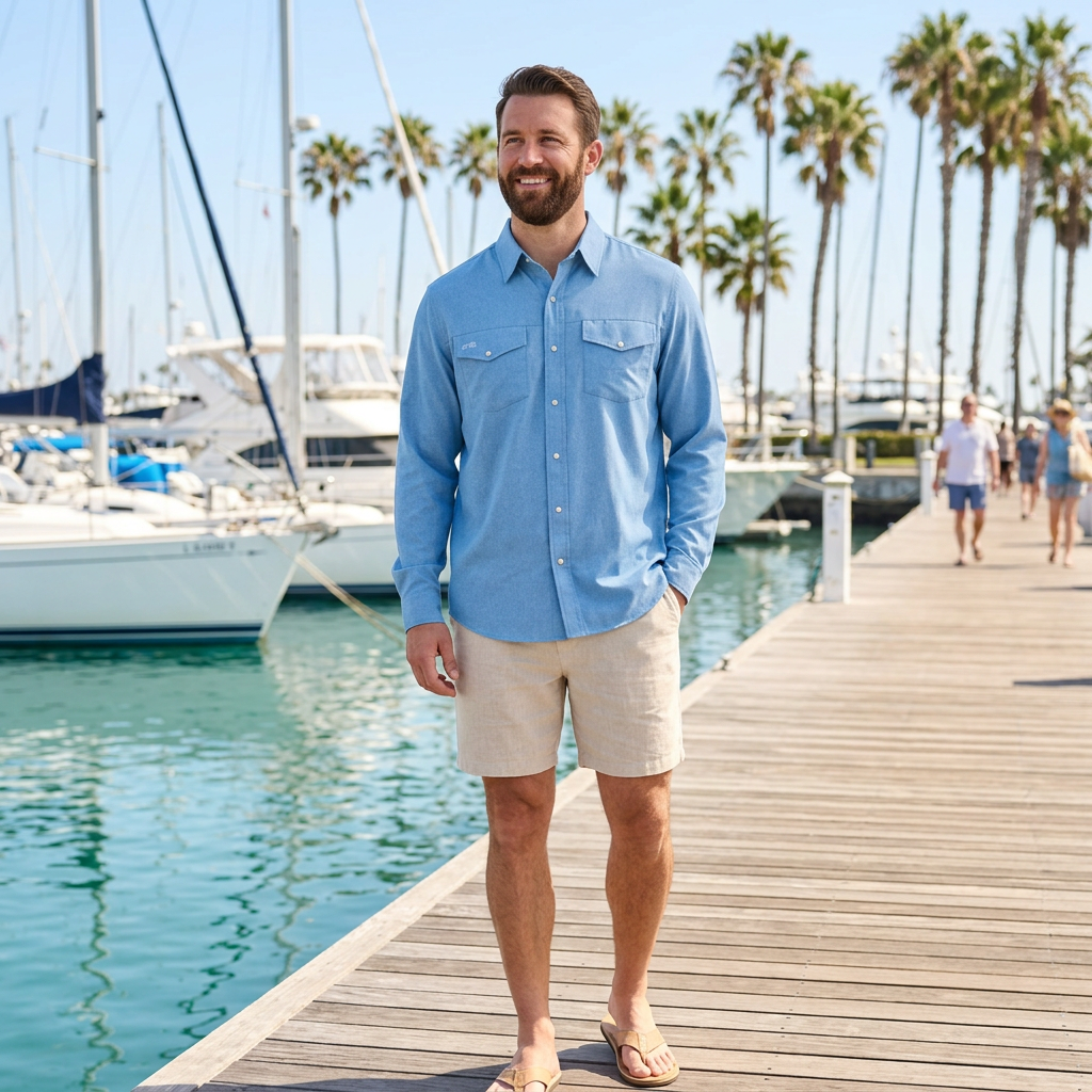 Man wearing the GameGuard Off-Road Blue StockYard long sleeve shirt on a coastal marina vacation