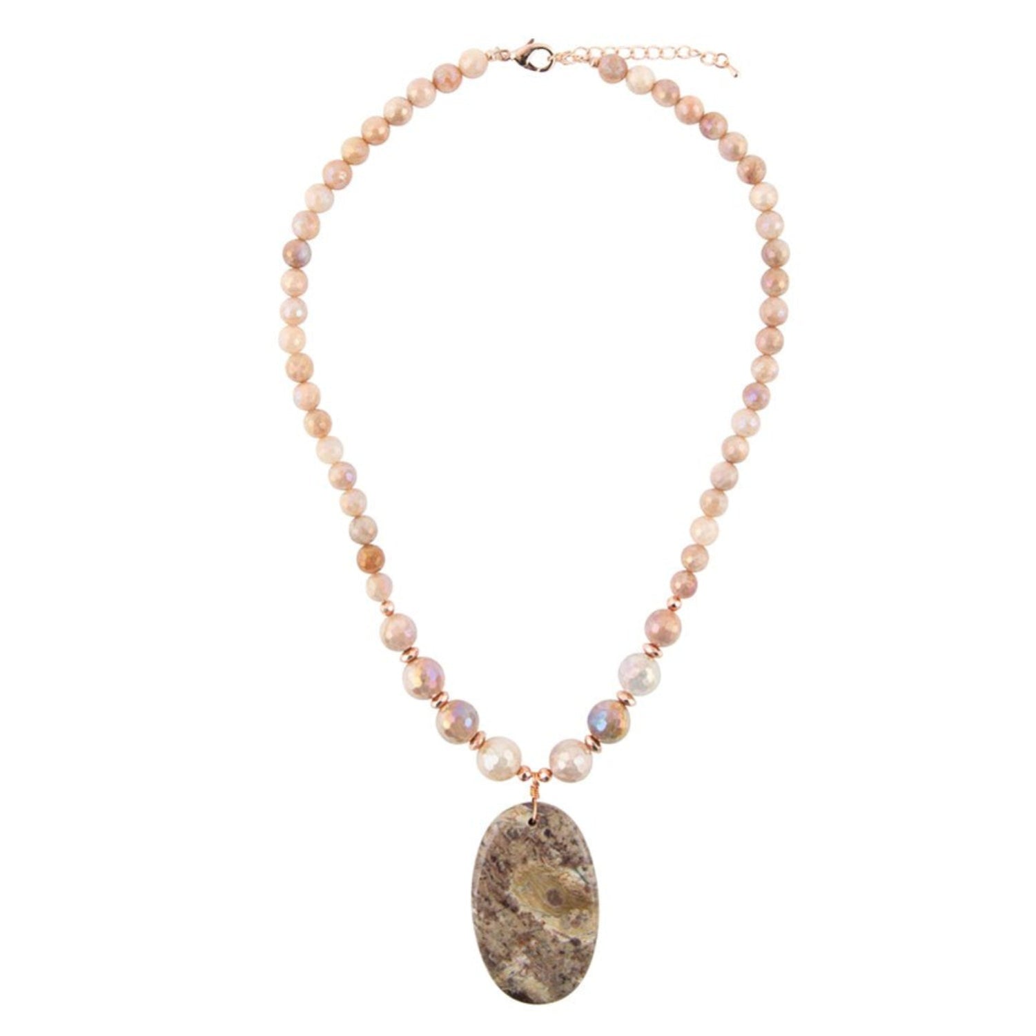 Necklace with beads and a large stone pendant on a white background