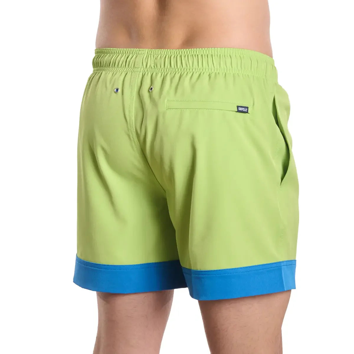 Green shorts with blue trim on a white background
