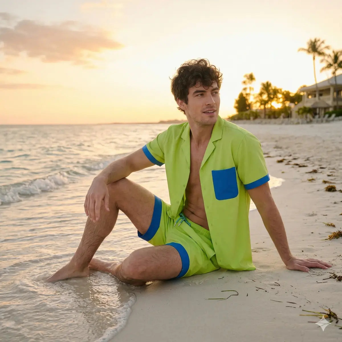 Man in bright green shirt and shorts sitting on a beach at sunset