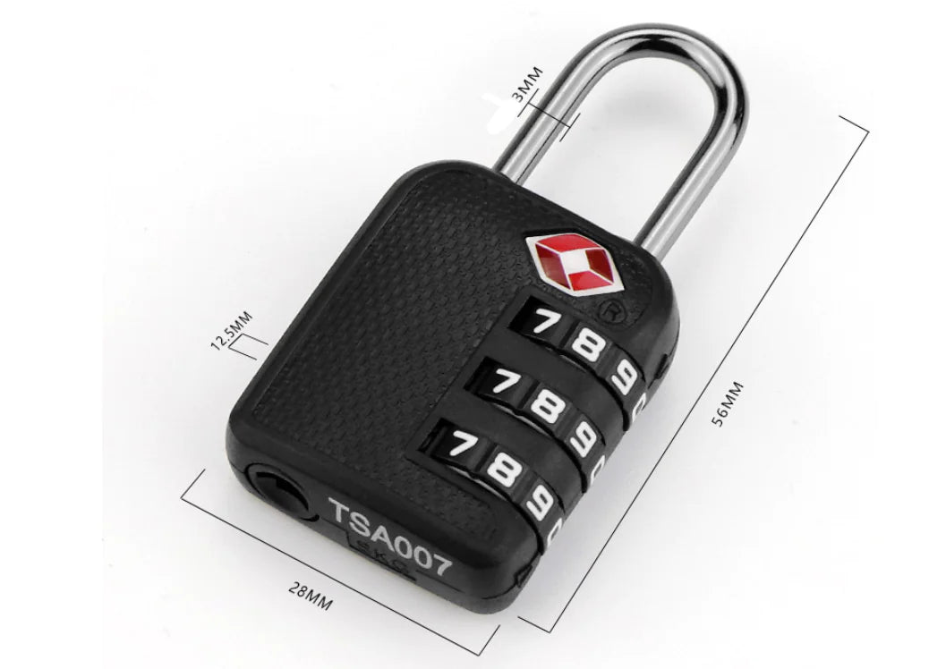 Black combination lock with measurement details on a white background