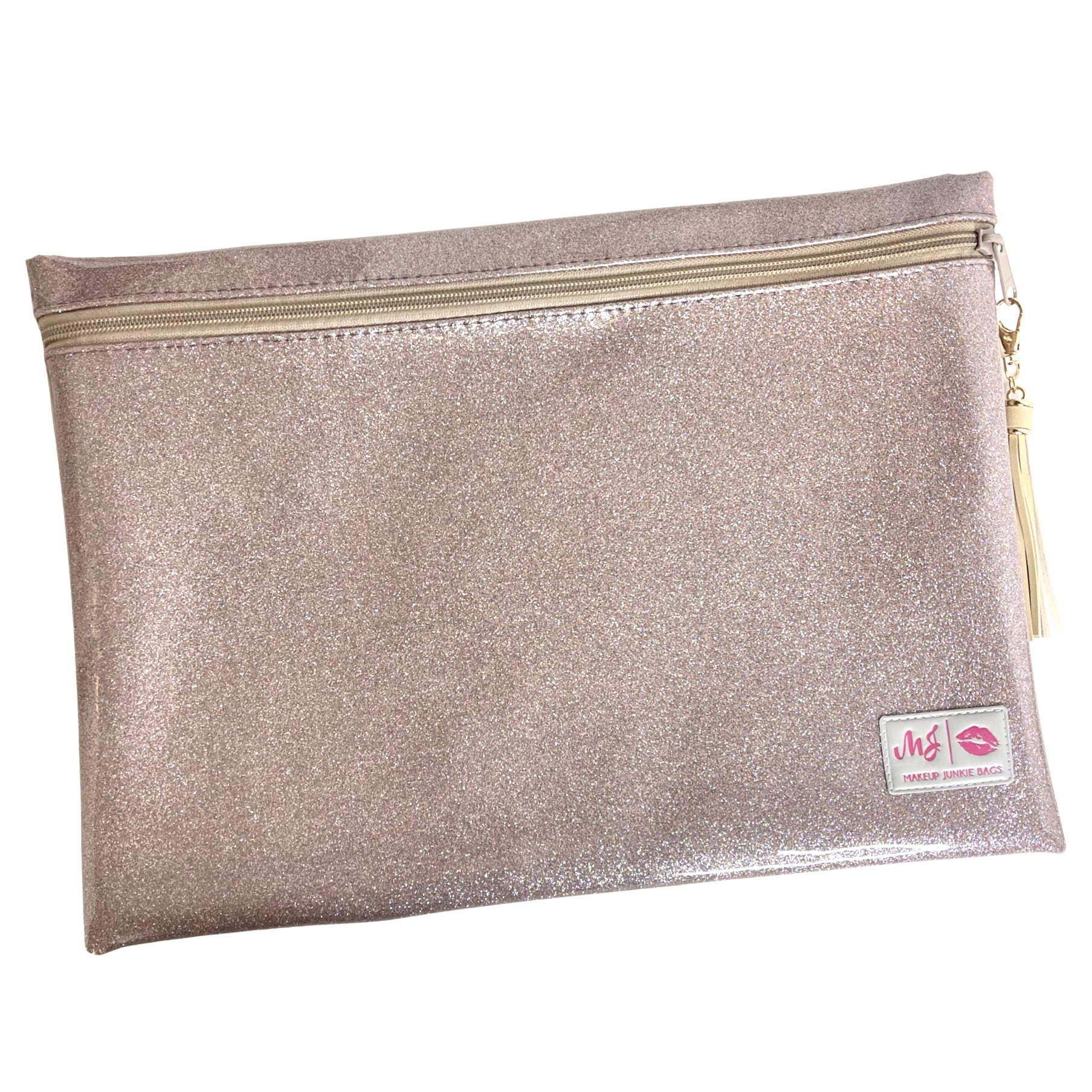 Glittery pouch with a visible brand logo on a white background