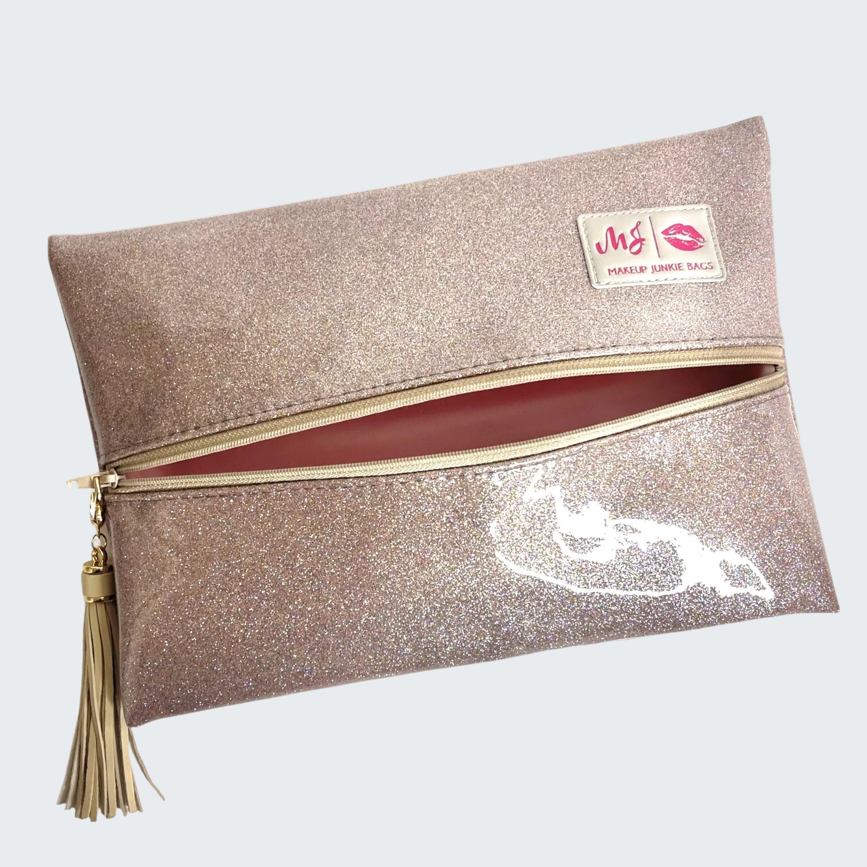 Glittery clutch bag with a visible brand logo on a white background