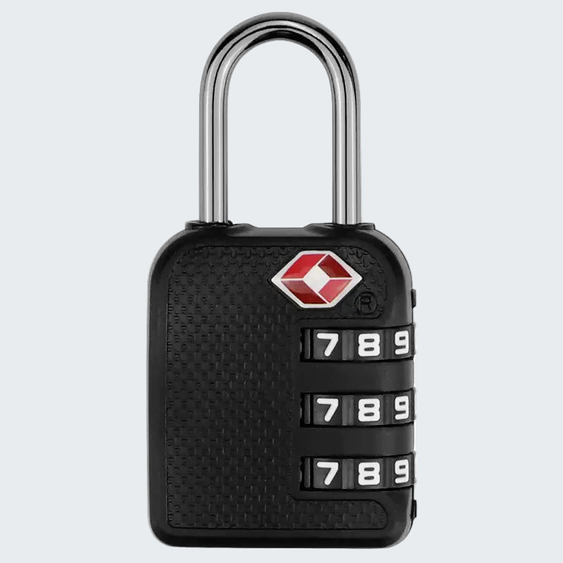 Black combination lock with a visible brand logo on a white background