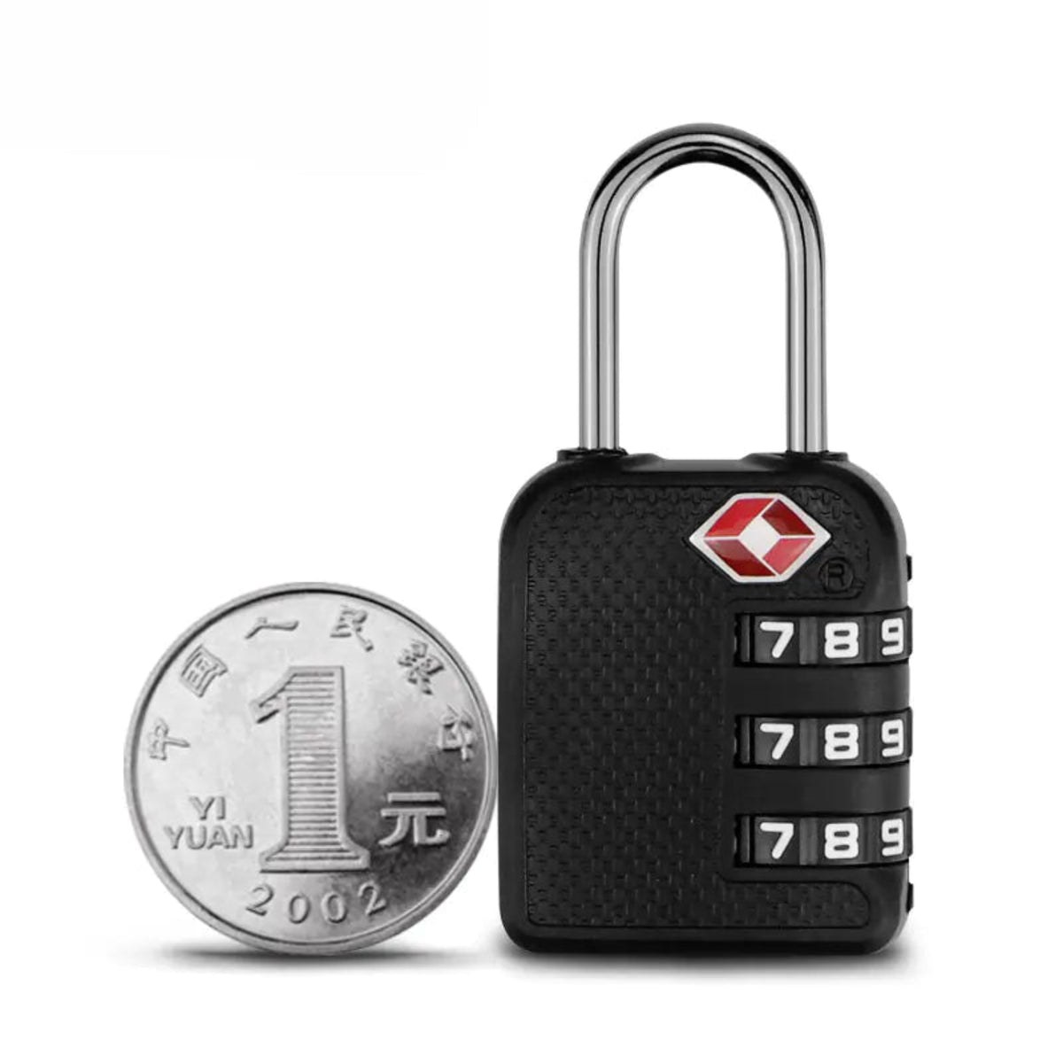 Black combination lock with a coin for size comparison on a white background