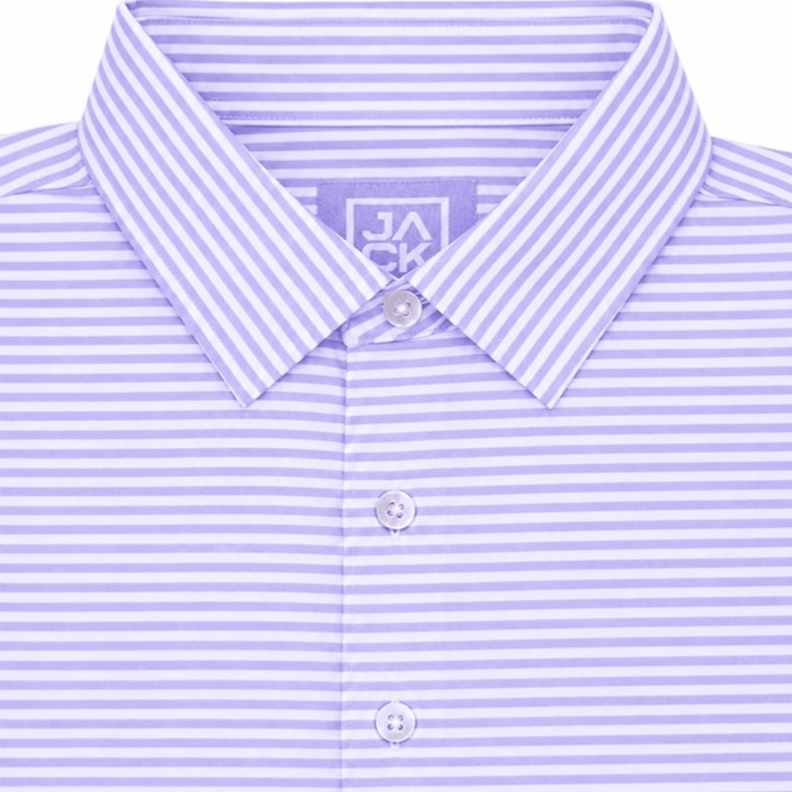A close-up of a men's button-down shirt with a collar, featuring a light purple and white horizontal stripe pattern. The inside collar shows a brand label with the letters 'JA' and 'CK'.