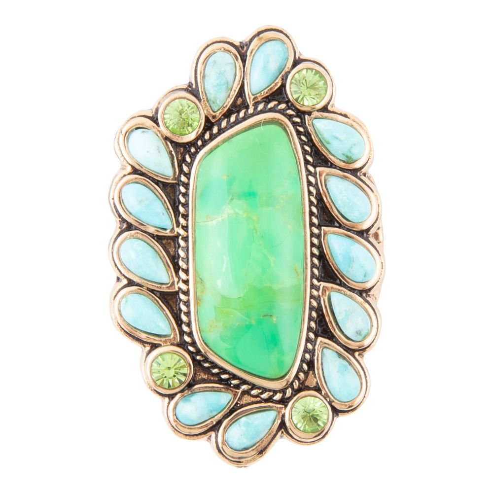 Ring with a large green stone and smaller turquoise stones on a white background
