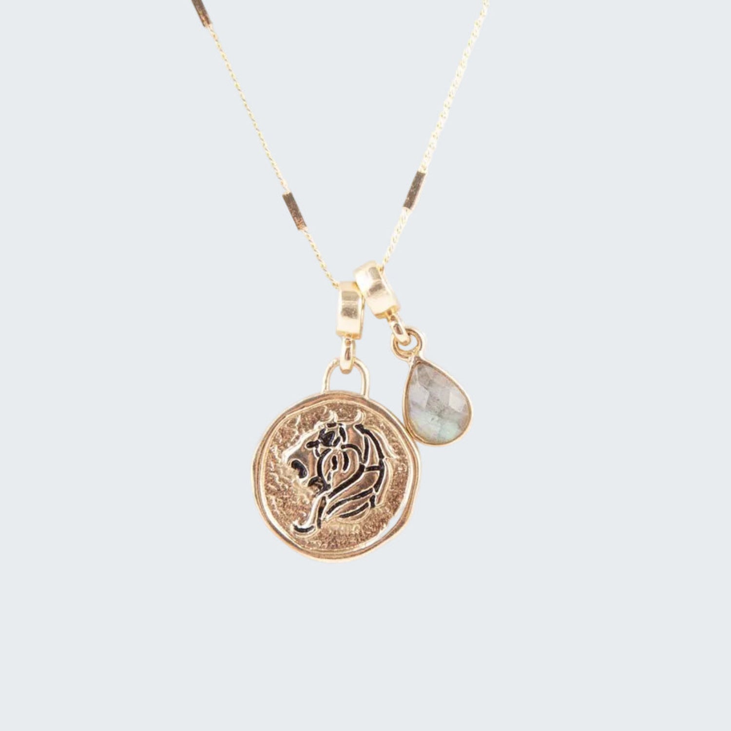 Gold necklace with a circular pendant and a teardrop-shaped charm on a white background