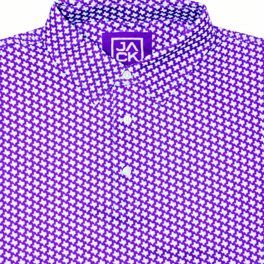 A close-up of a collared button-up shirt with a dense purple and white geometric pattern, featuring a visible 'JACK' brand label on the inner neck collar.