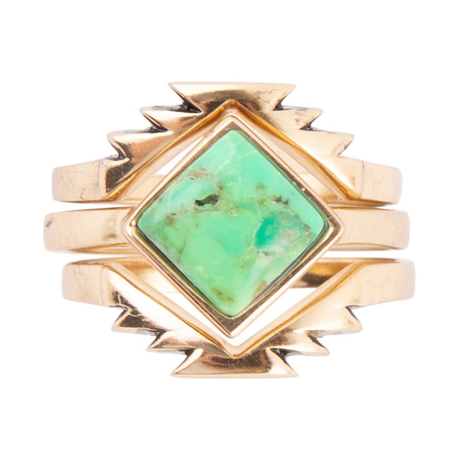 Gold ring with a green gemstone on a white background