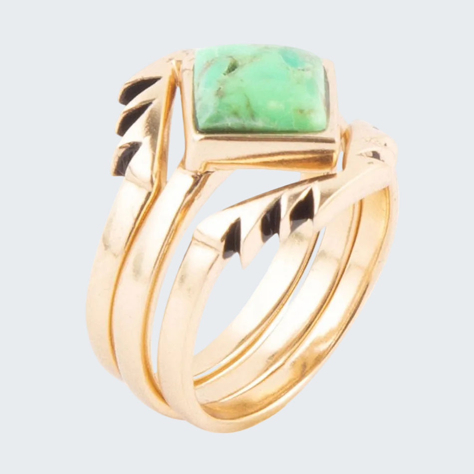 Gold ring with a green stone on a white background