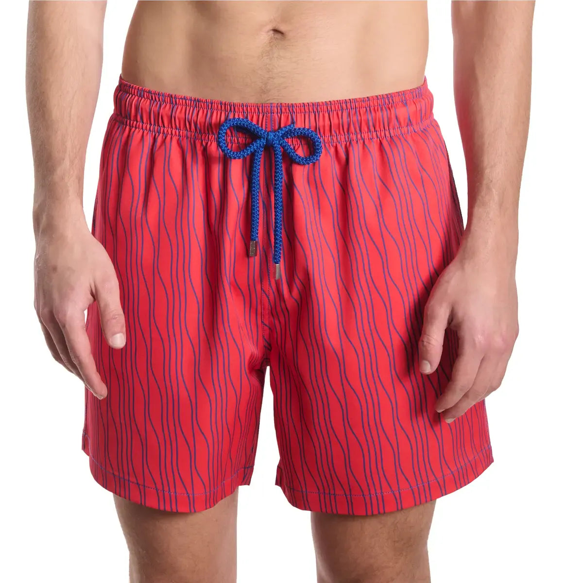 Red swim shorts with blue drawstring on a white background