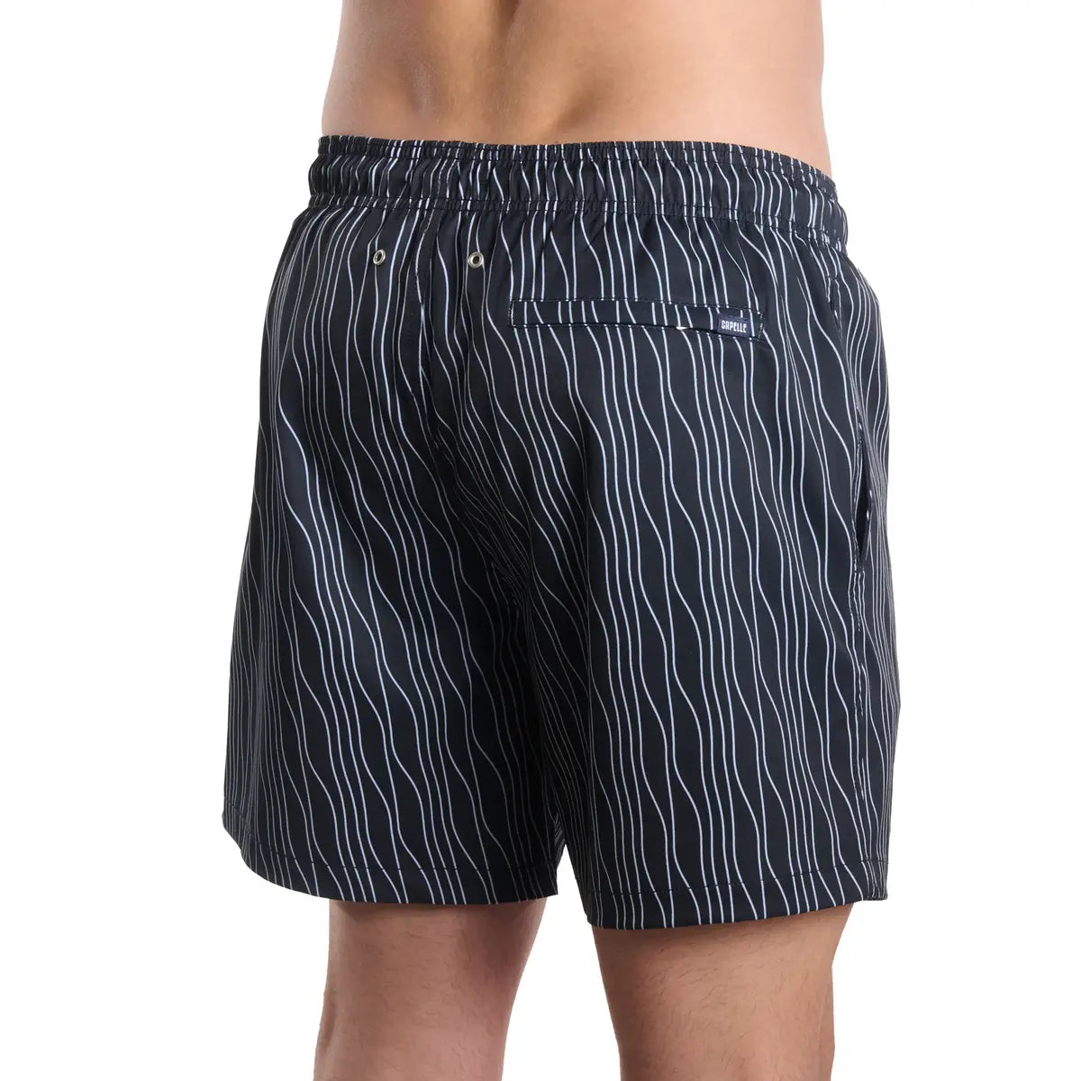 Black swim shorts with white stripes on a white background