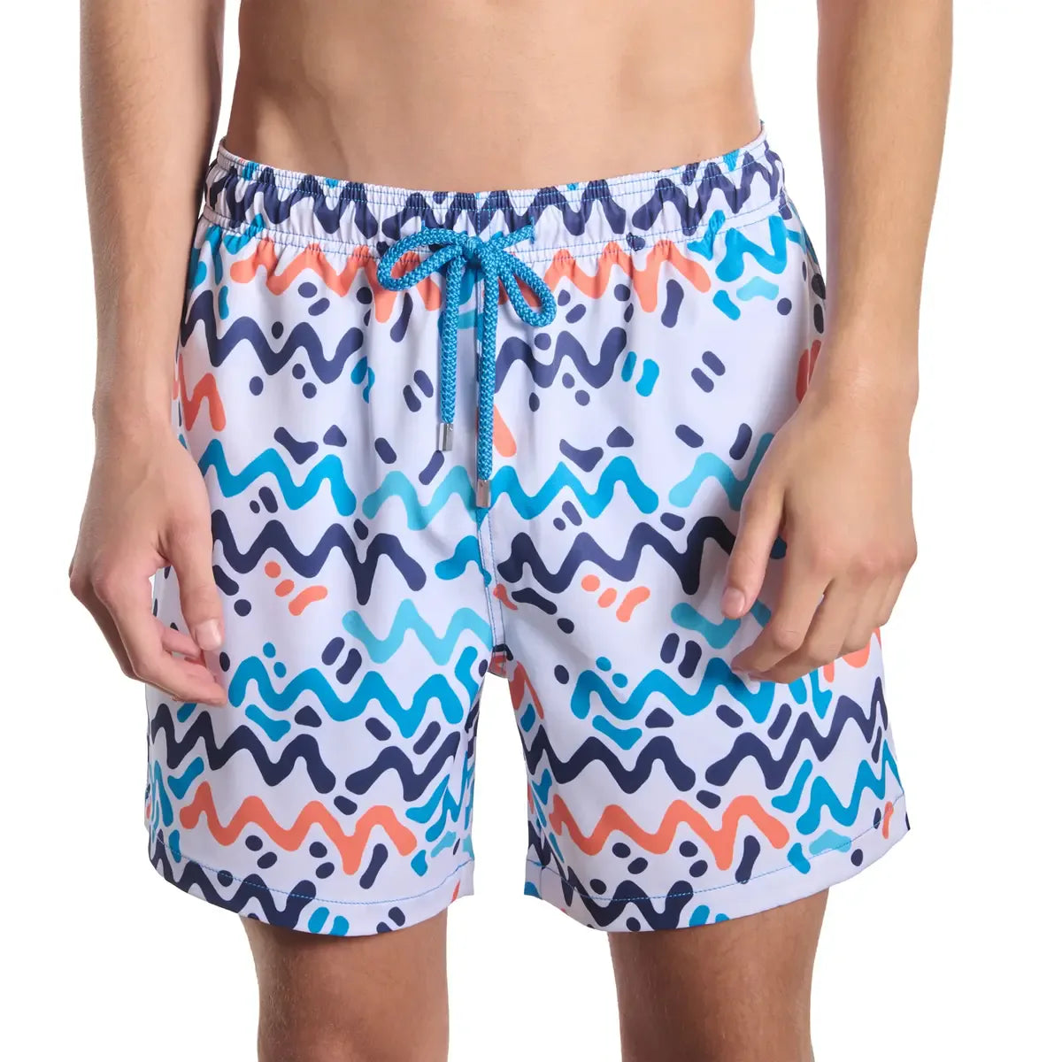 Colorful wavy patterned swim shorts with a blue drawstring on a white background