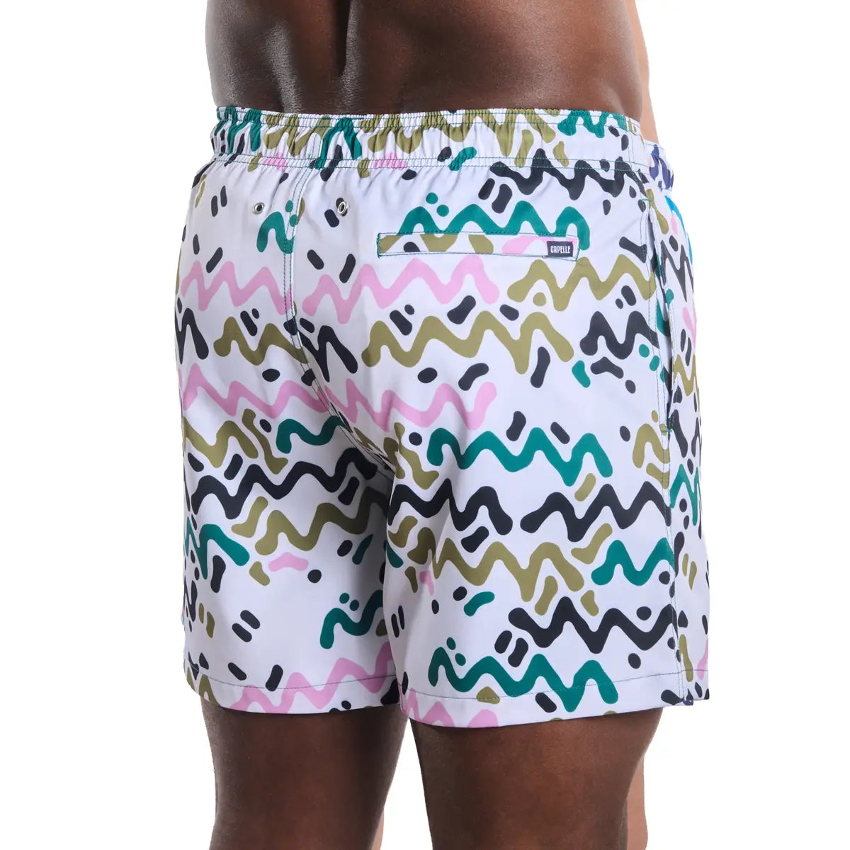 Colorful patterned shorts on a white background