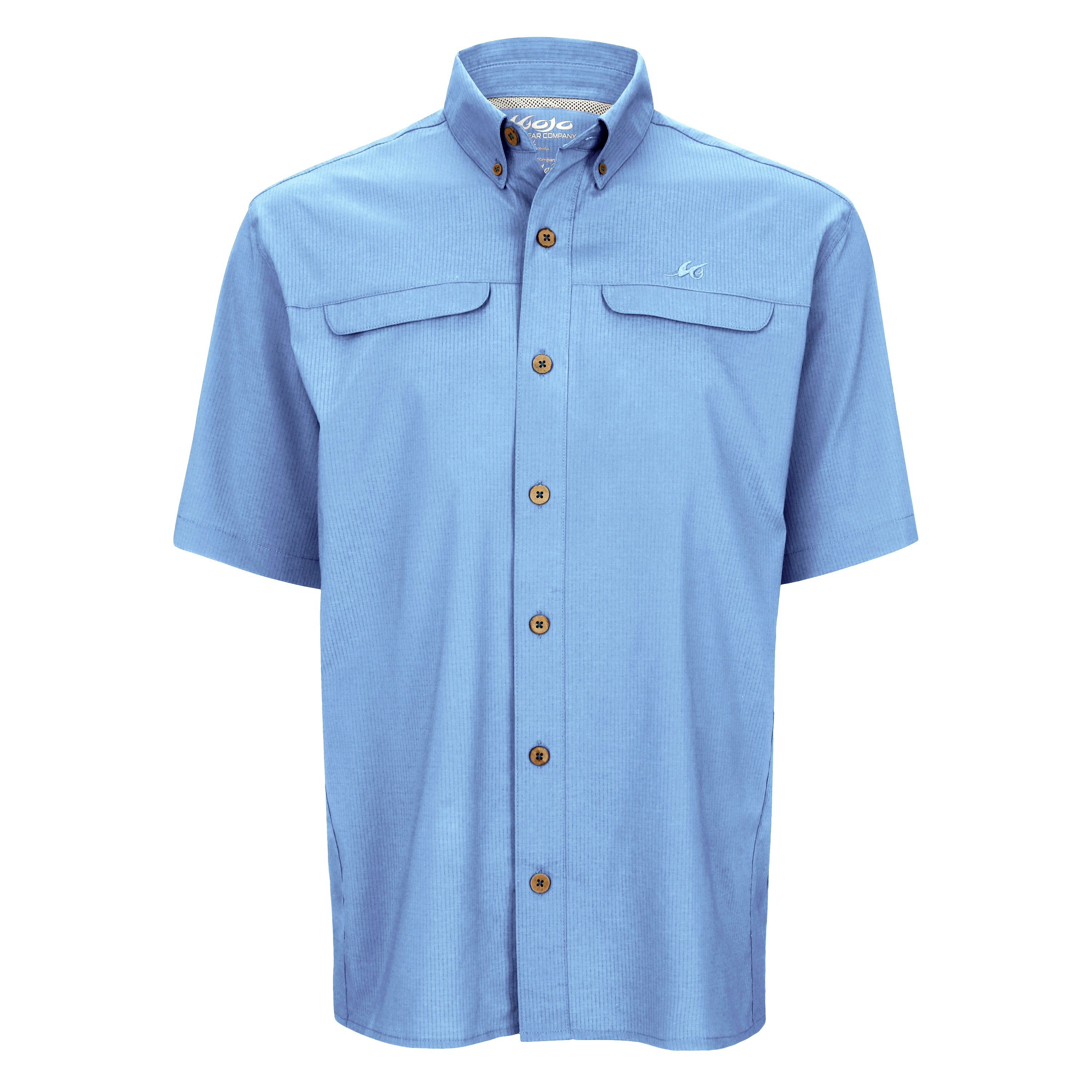 Light blue short-sleeve shirt with button details on a white background