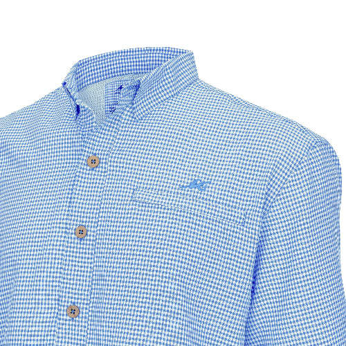 Blue checkered shirt with a brand logo on a white background