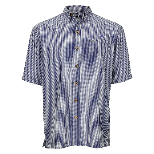 Short-sleeve checkered shirt with brand logo on a white background