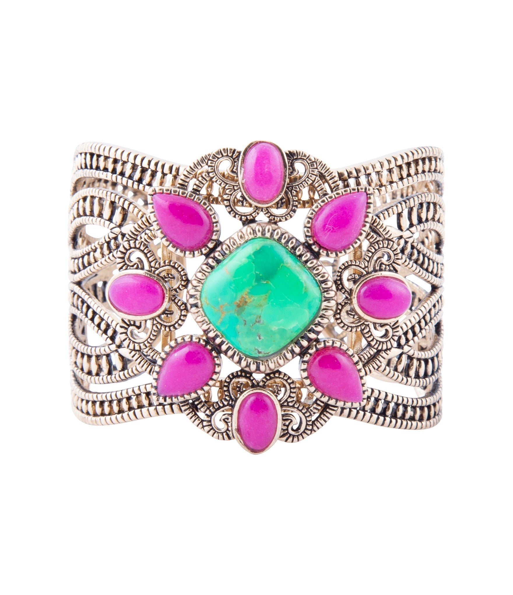 Decorative bracelet with pink and green stones on a white background