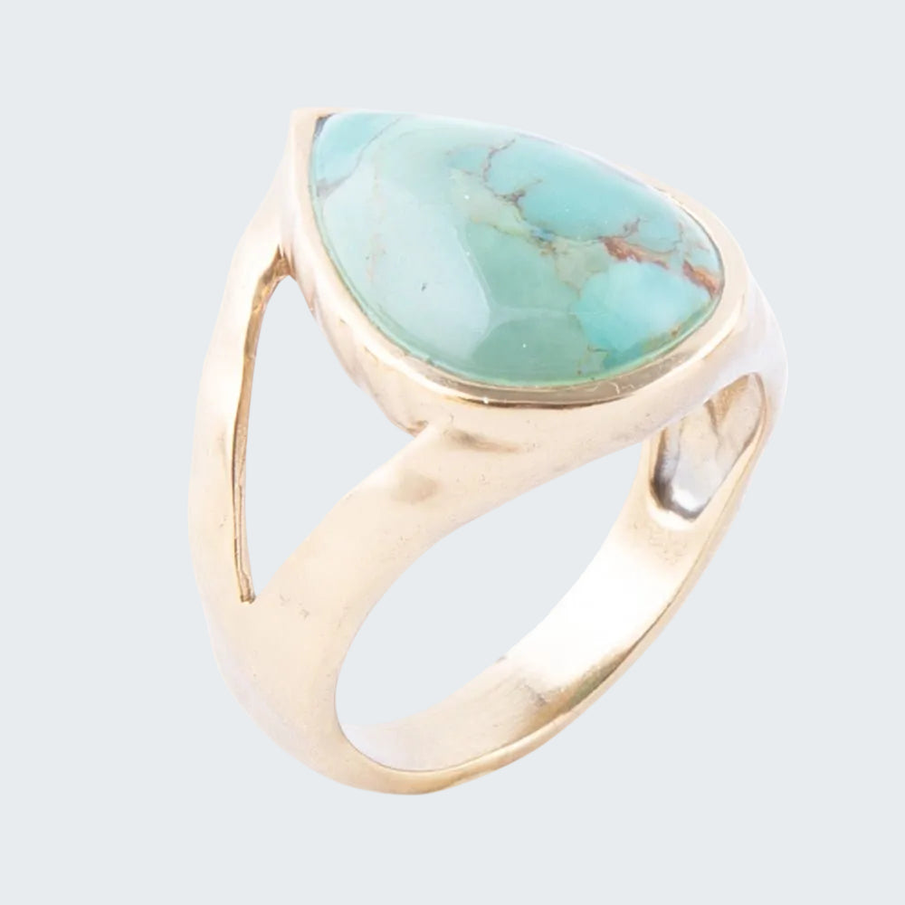 Gold ring with a turquoise stone on a white background