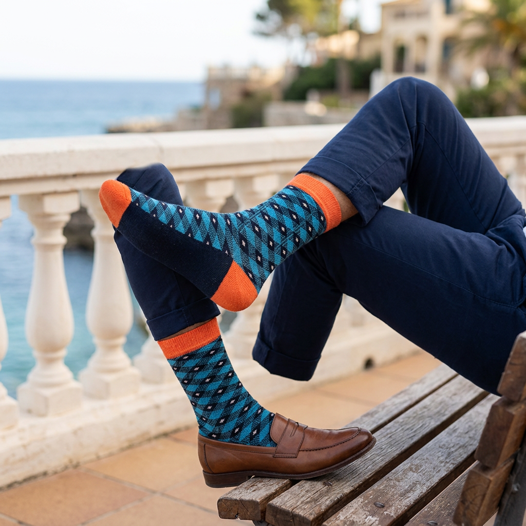 Man wearing Boldsocks blue and orange socks