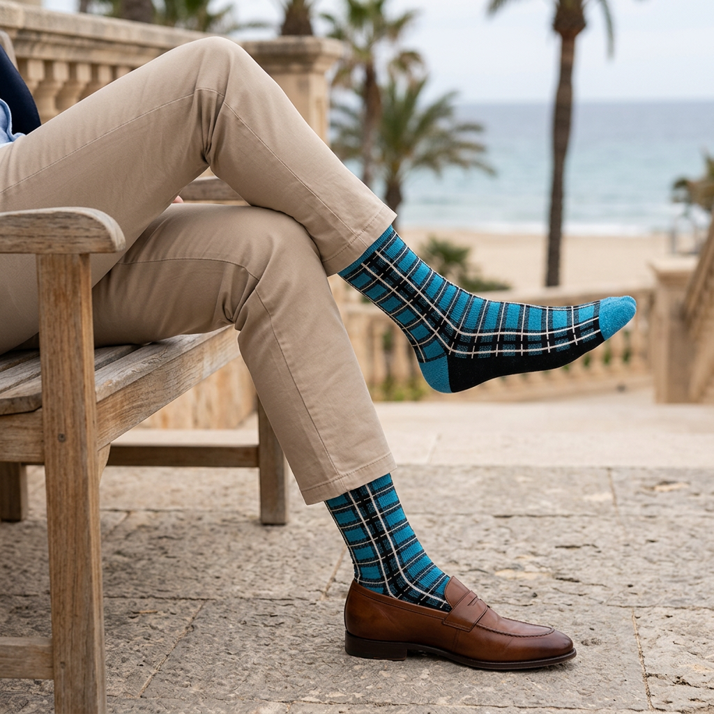 Man wearing Boldsocks blue plaid bamboo socks
