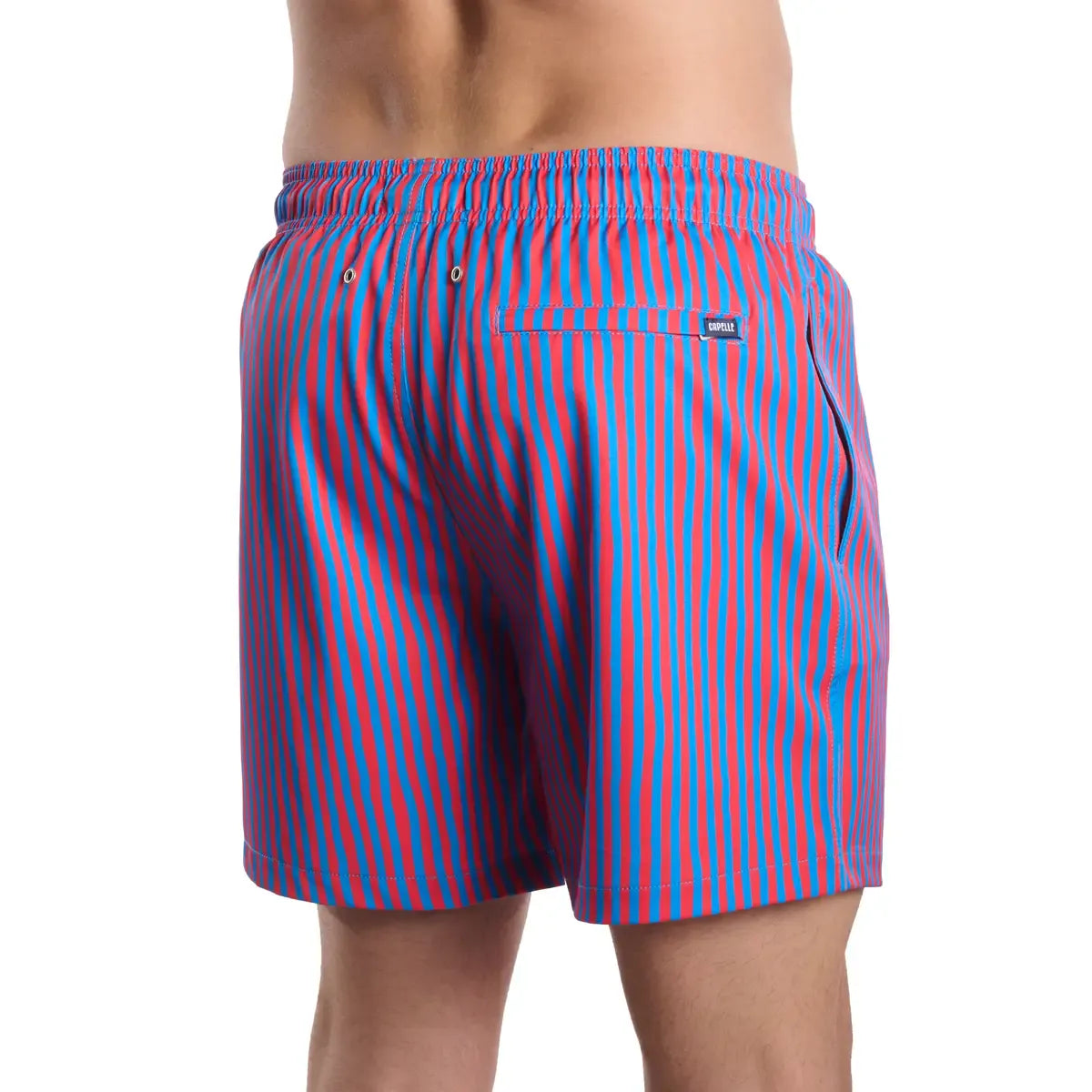 Red and blue striped swim shorts on a white background