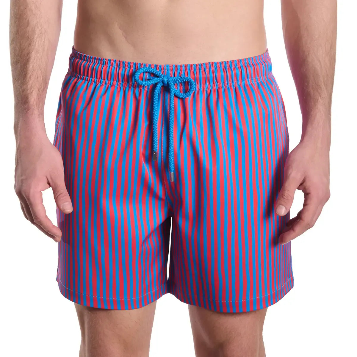 Red and blue striped swim shorts on a white background