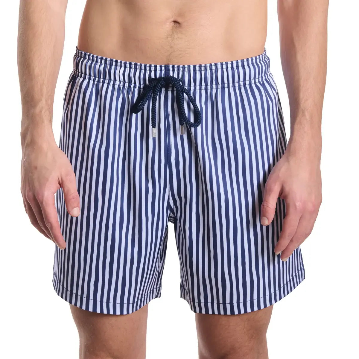 Navy and white striped swim shorts on a white background