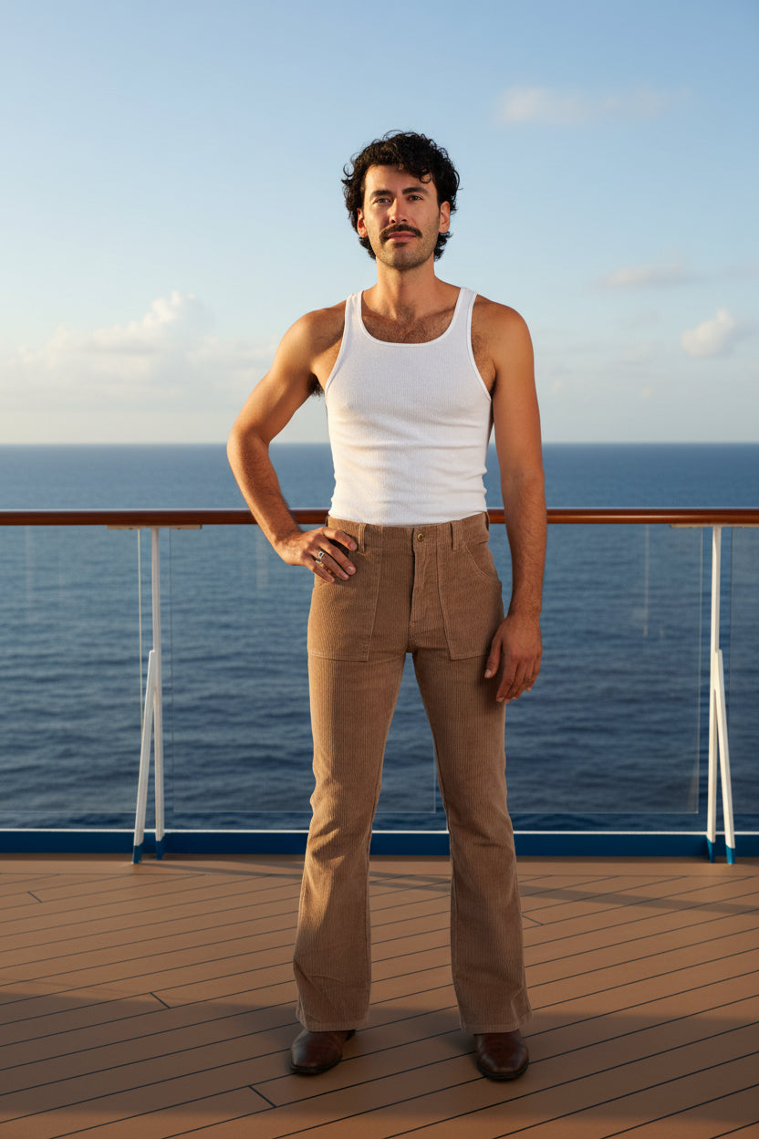 Man wearing a white tank top and brown corduroy pants on a white background