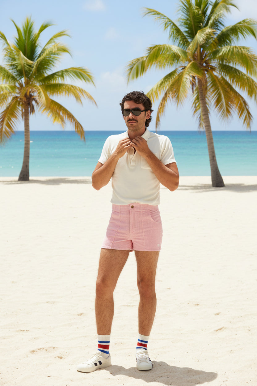 Man wearing a white t-shirt, pink shorts, and sunglasses on a white background