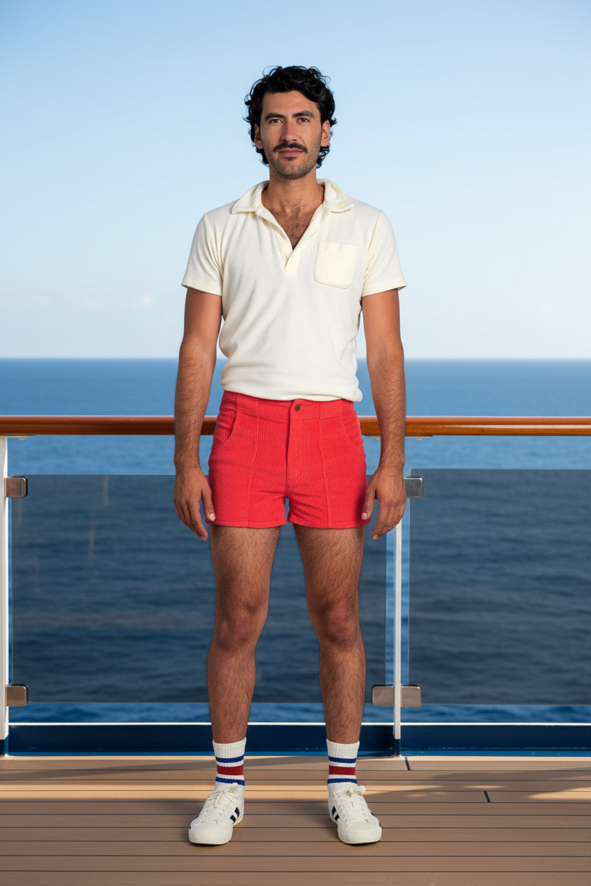 Man wearing a white polo shirt, red shorts, and striped socks on a plain background