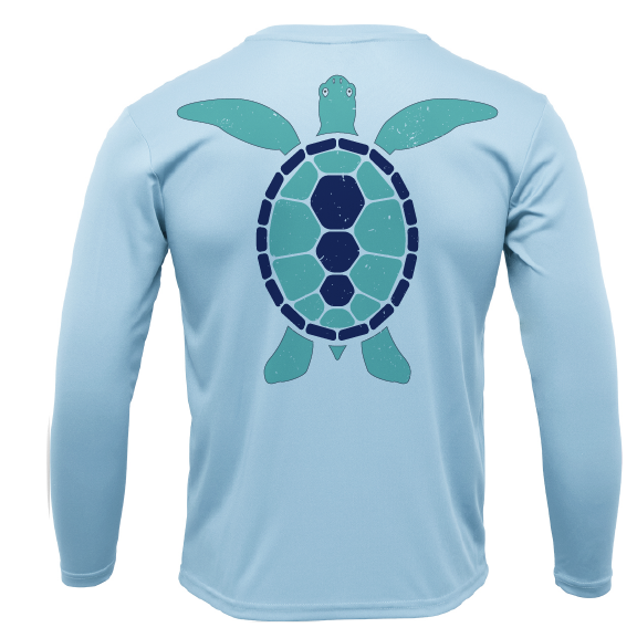 Light blue long-sleeve shirt with a turtle graphic on the back against a white background