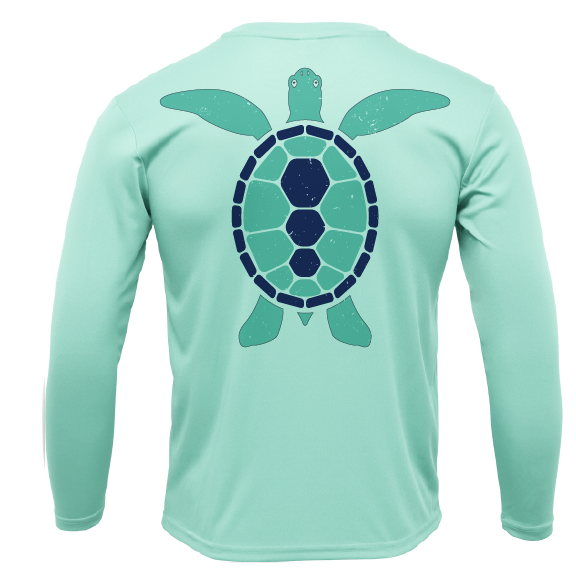 Mint green long-sleeve shirt with a turtle design on the back against a white background
