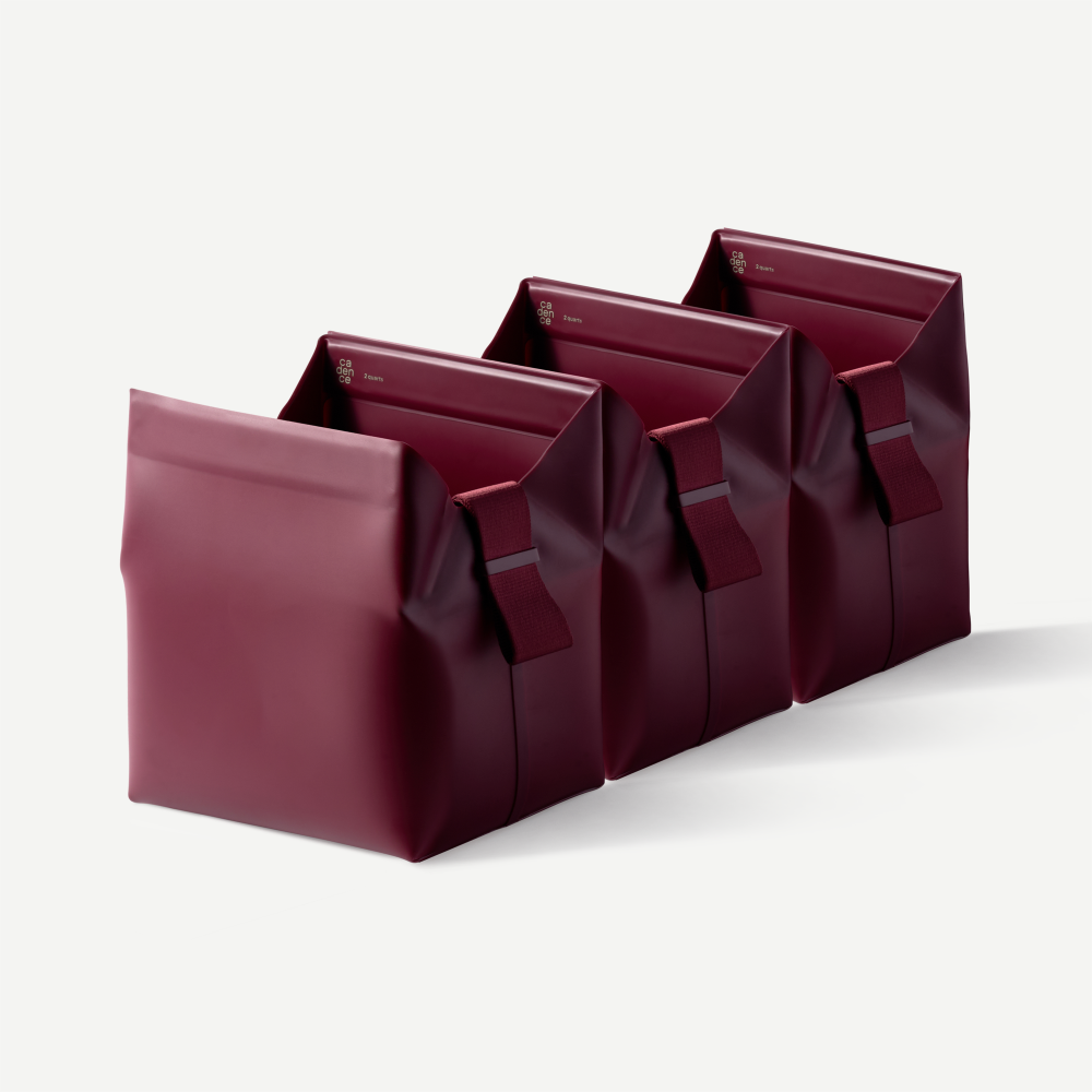 Set of four burgundy leather bags on a white background