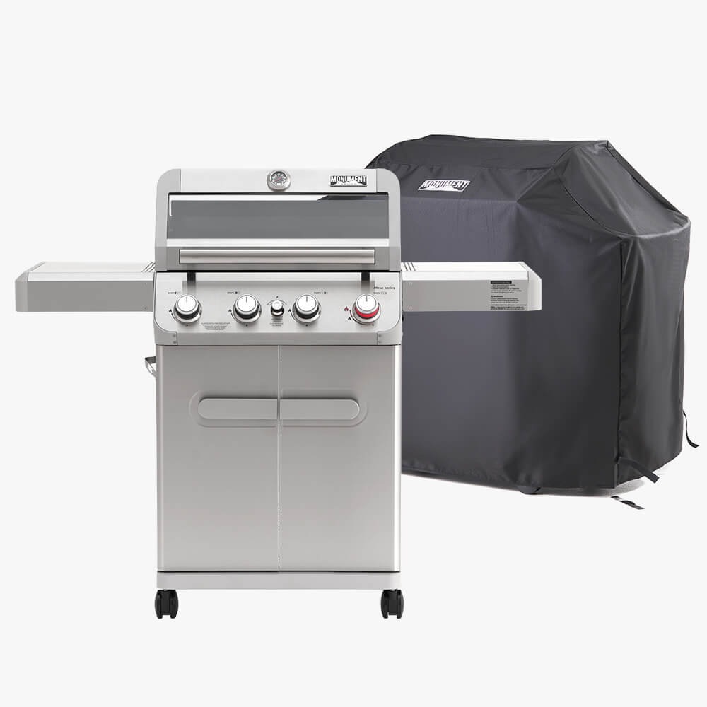 Stainless steel grill with a black cover on a white background